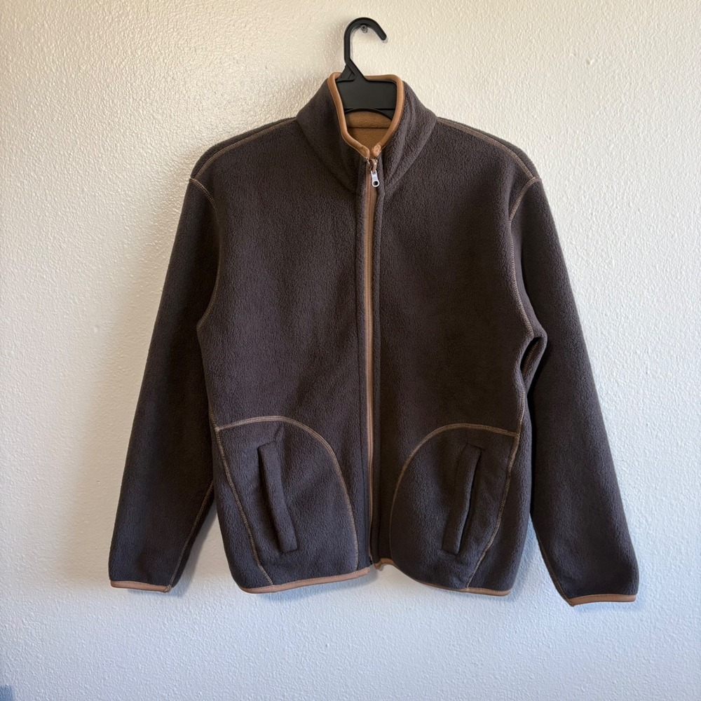 UNIQLO Size Medium REVERSIBLE Brown Tan Fleece Full Zip Jacket Minimalist